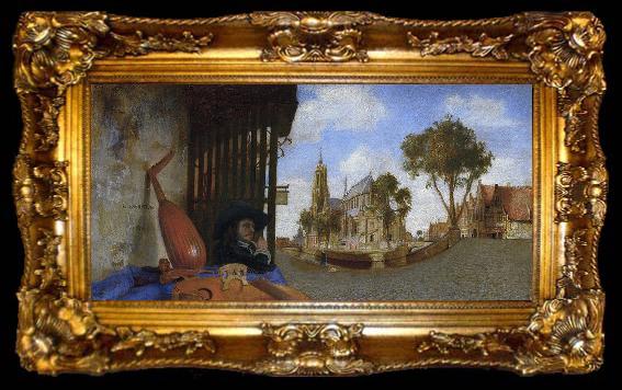 framed  Carel fabritius A View of Delft, with a Musical Instrument Seller