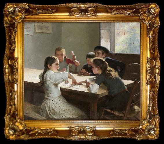 framed  Hugo Salmson Interior med kortspelande barn, ta009-2