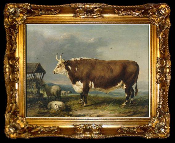 framed  James Ward Hereford Bull with Sheep by a Haystack, ta009-2