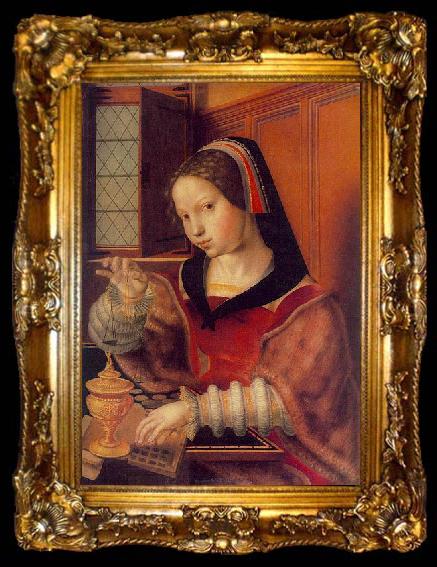 framed  Jan van Hemessen Woman Weighing Gold, also called Woman Holding a Balance, ta009-2