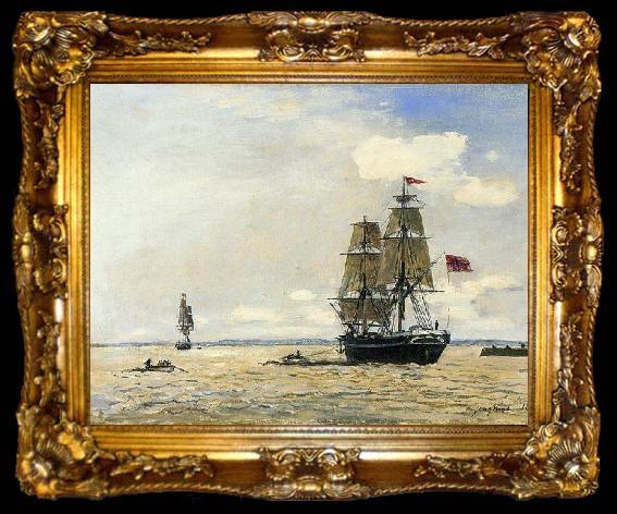 framed  Johann Barthold Jongkind Norwegian Naval Ship Leaving the Port of Honfleur, ta009-2