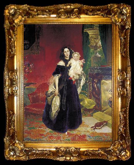 framed  Karl Briullov Portrait of Mariya Arkadyevna Bek with her Daughter, ta009-2