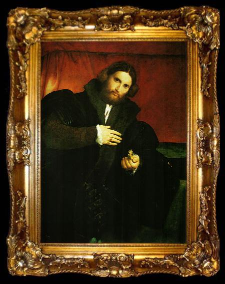 framed  Lorenzo Lotto Portrat eines Edelmannes mit Lowentatze, ta009-2