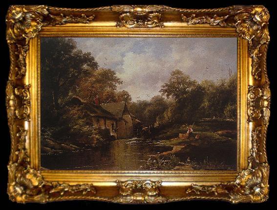 framed  Theodore Fourmois Watermill in the Ardennes with angler, ta009-2