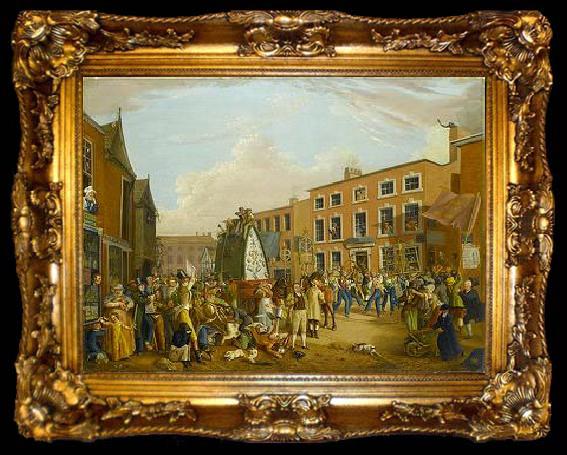 framed  unknow artist Oil on canvas painting depicting the ancient custom of rushbearing on Long Millgate in Manchester in 1821, ta009-2