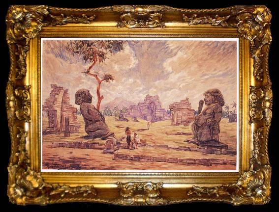framed  unknow artist Oil painting. Temple ruins in Candi Sewu, ta009-2