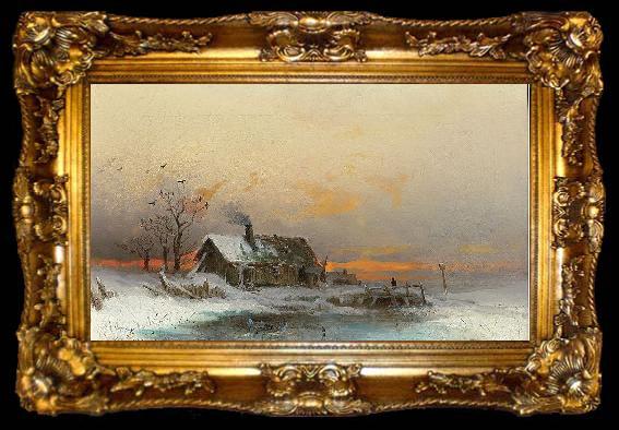 framed  wilhelm von gegerfelt Winter picture with cabin at a river, ta009-2