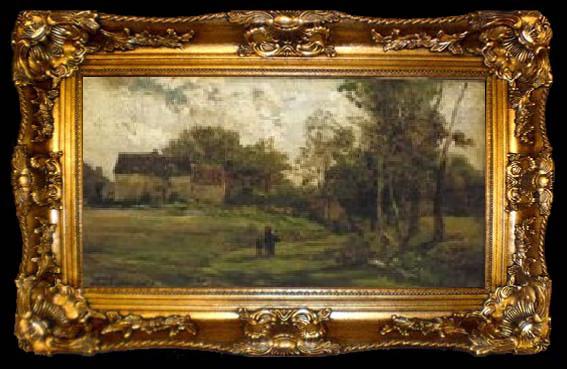framed  Charles-Francois Daubigny Landschap met boerderijen en bomen., ta009-2