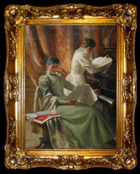 framed  Emil Lindgren Interior med musicerande kvinnor vid pianot, ta009-2