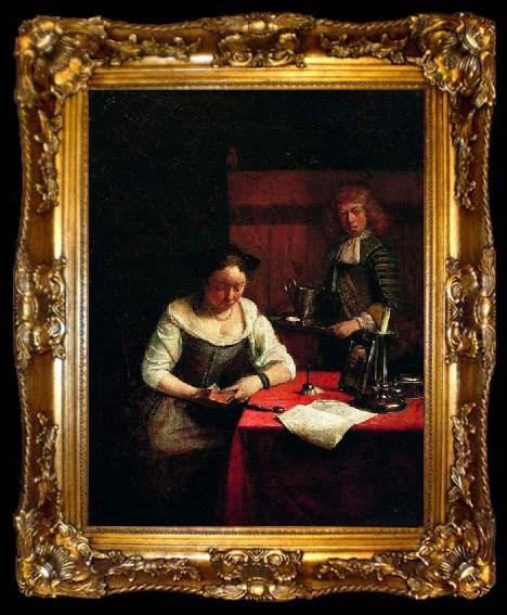 framed  Gerard ter Borch the Younger Woman reading and a young man holding a tray., ta009-2