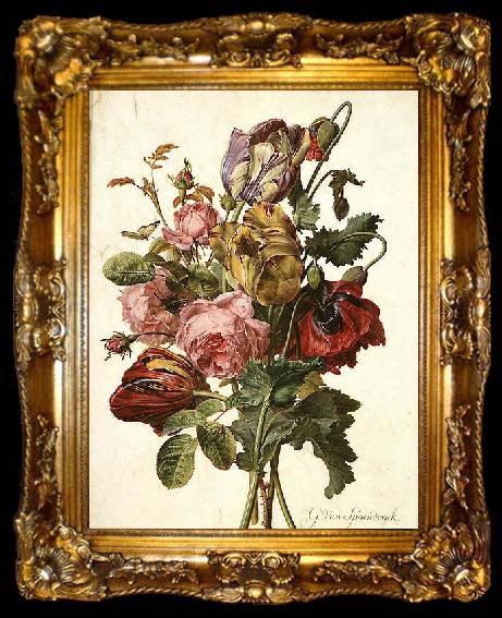 framed  Gerard van Spaendonck Bouquet of Tulips, Roses and an Opium Poppy, with a Pale Clouded Yellow Butterfly, a Red Longhorn Beetle and a Sevenspotted Ladybug, ta009-2