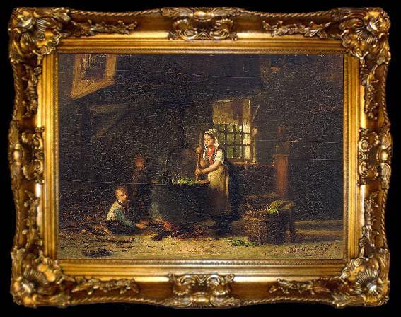 framed  Hendrik Valkenburg An old kitchen with a mother and two children at the cauldron, ta009-2