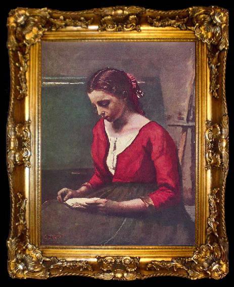 framed  Jean-Baptiste Camille Corot Lesendes Madchen in rotem Trikot, ta009-2