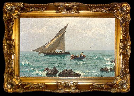 framed  Julius Ludwig Friedrich Runge Morgenstimmung an der Adria mit Fischerbooten und Langustenfischern. Im Vordergrund felsige Kuste., ta009-2