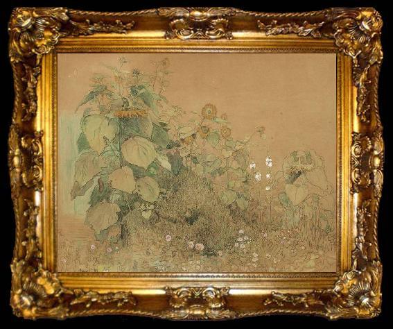 framed  Paul Baum Gartenstuck mit grober und kleineren Sonnenblumen, Malven und anderen Blumen, ta009-2