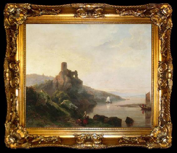 framed  Pieter Lodewyk Kuhnen Romantic Rhine landscape with ruin at sunset. Painting, ta009-2