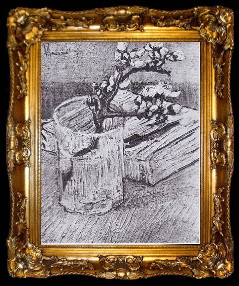 framed  Vincent Van Gogh Flowering almond tree branch in a glass and book, ta009-2