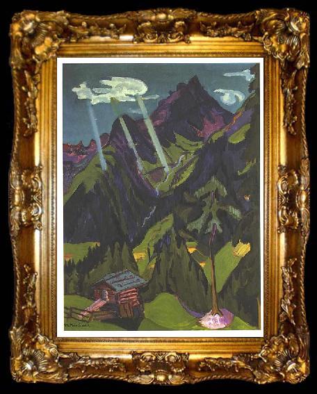 framed  Ernst Ludwig Kirchner Landscape in Graubunder with sun rays, ta009-2