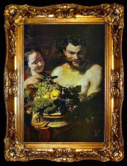 framed  Jacob Jordaens Satyr and Girl with a Basket of Fruit, ta009-2