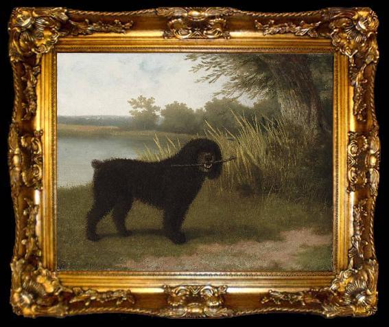 framed  Jacques-Laurent Agasse A black water dog with a stick by a lake, ta009-2