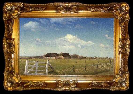 framed  Laurits Andersen Ring Fenced in Pastures by a Farm with a Storks Nest on the Roof, ta009-2