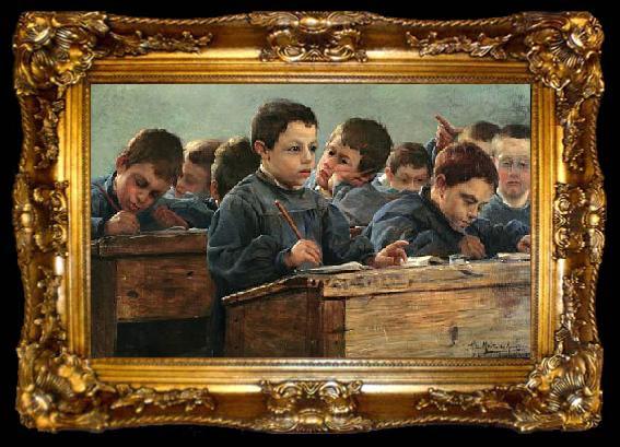 framed  Paul Louis Martin des Amoignes In the classroom. Signed and dated P.L. Martin des Amoignes 1886, ta009-2