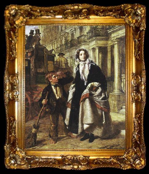 framed  William Powell Frith Lady waiting to cross a street, with a little boy crossing-sweeper begging for money., ta009-2