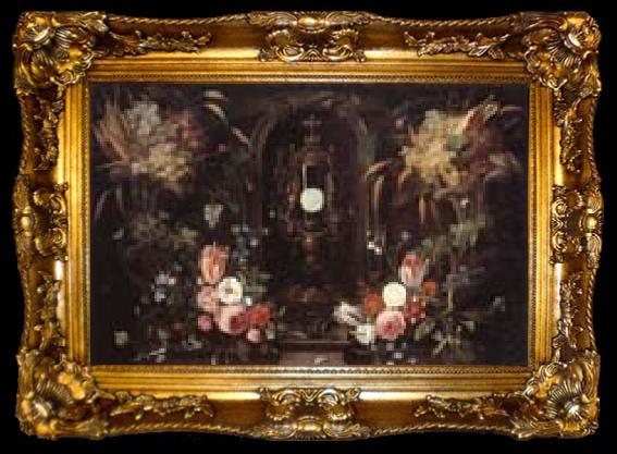 framed  Jan Van Kessel Still life of various flowers and grapes encircling a reliqu ary containing the host,set within a stone niche, ta009-2
