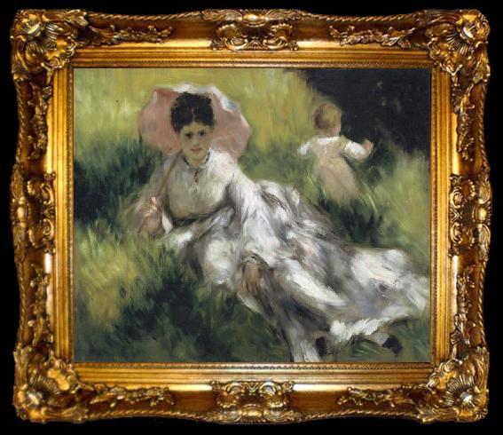 framed  Pierre Renoir Woman with a Parasol and Small Child on a Sunlit Hillside, ta009-2