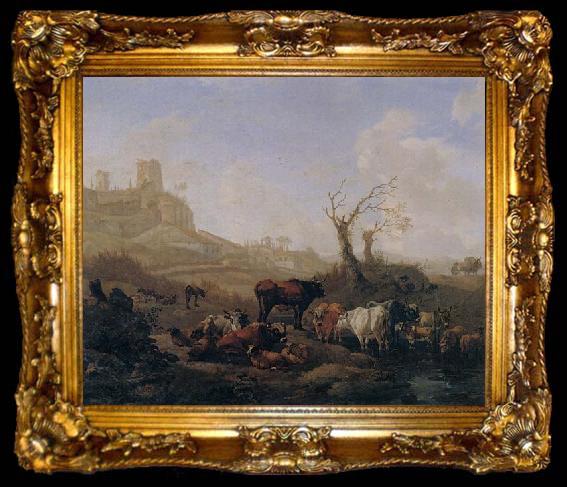 framed  William Romeyn Cattle and sheep by a stream in a pasture,a town beyond, ta009-2