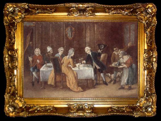 framed  unknow artist An elegant interior with a lady and gentleman toasting,other figures drinking and smoking at the table, ta009-2
