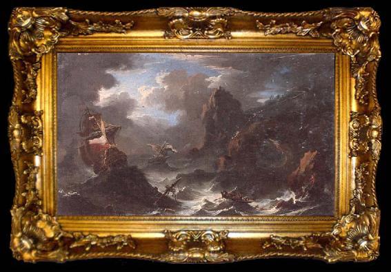 framed  unknow artist A coastal landscape with shipping in a storm,figures shipwrecked in the foreground, ta009-2