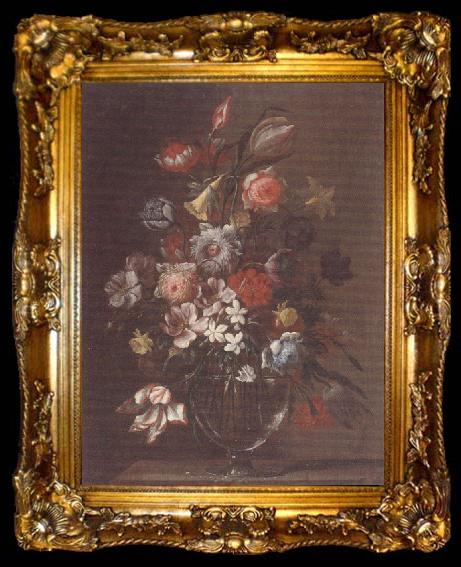 framed  unknow artist Still life of carnations,tulips,roses and daffodils,in a glass vase,upon a table-top, ta009-2
