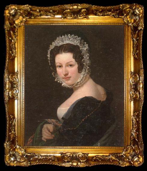 framed  unknow artist Portrait of a young lady,half-length,wearing a black dress,with a green mantle,and a lace bonnet, ta009-2