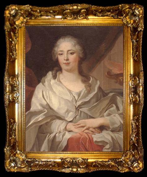 framed  unknow artist Portrait of a lady,half-langth seated,wearing an ivory dress and mantle with a pearl brooch,by a draped curtain and a flaming urn, ta009-2