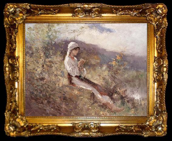 framed  Nicolae Grigorescu Peasant Woman Sitting in the Grass, ta009-2