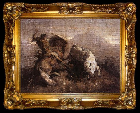 framed  Nicolae Grigorescu Dragos Fighting the Bison, ta009-2
