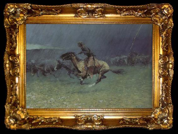 framed  Frederic Remington The Stampede by Lightning (mk43), ta009-2