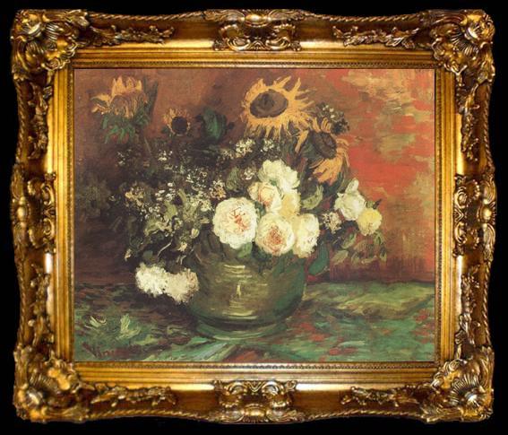 framed  Vincent Van Gogh Bowl with Sunflowers,Roses and other Flowers (nn040, ta009-2
