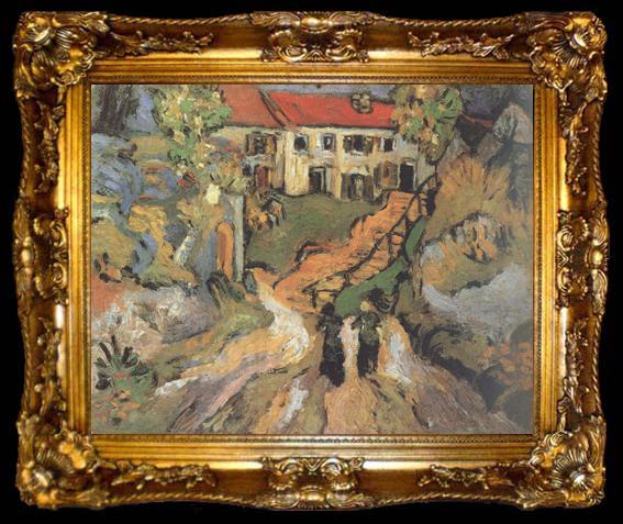 framed  Vincent Van Gogh Village Street and Step in Auvers with Two Figures (nn04), ta009-2