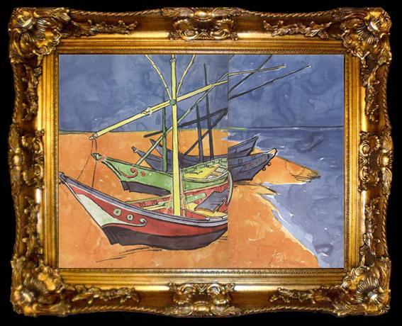 framed  Vincent Van Gogh Boats on the Beach of Saintes-Maries (nn04), ta009-2