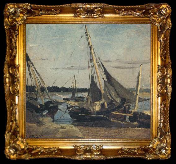 framed  camille corot Trouville Fishing Boats Stranded in the Channel (mk40), ta009-2